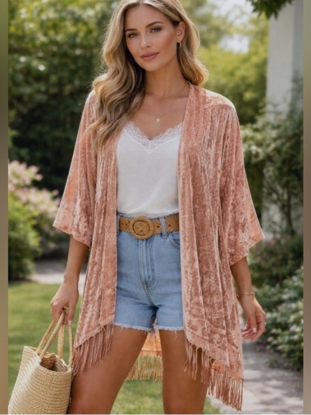 Crushed Velvet Fringe Kimono in Blush